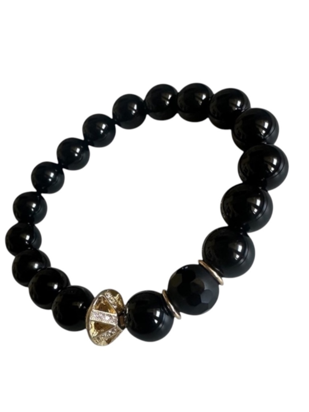 Classic 10mm Black Onyx Stretch Bracelet Gold Pavé Accents | Bold Stackable